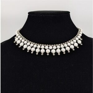 VTG Kramer New York Milk Glass Bib Necklace‎ Choker Clear Rhinestone Silver Tone